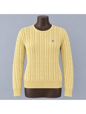 Ralph Lauren Sport Cable Knit Pullover Sweater Yellow Preppy Tennis Logo Classy